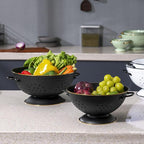 Metal Colander Set of 2, Strainer Basket with Handles perfect for Spaghetti, Pasta, Berry, Vegetable, Fruit, Solid Base Powder Coated Self-draining Kitchen Colander Bowel, 3.5 & 5 Qt, Matte Black