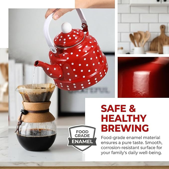 1.8 Quart Red Vintage Enamel Tea Kettle - Stovetop Safe Cute Retro Water Kettle, Enamel on Steel No Whistling Hot Water Pot for Home Kitchen Decor, Coffee & Tea Making