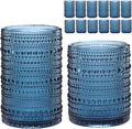 ZMOWIPDL Vintage Glassware Drinking Glasses Set of 12,Blue 12oz & 15oz Hobnail Glass Cups,Embossed Water Tumbler,for Beer,Cocktail,Whiskey,Juice and Various Mixed Drinks- 1 Cleaning Brush