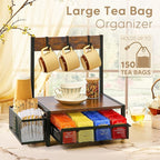DGWJSU Tea Bag Organizer, Wood Tea Organizer and Storage Cheast, Tea Bag Holder with Storage Drawer, 4 Hooks for Tea Cups Holder, Tea Station Chest Display Container Box for Countertop Kitchen