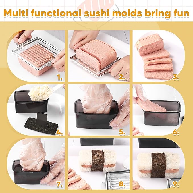 Musubi Press Mold Kit, 2 Pack Clear Musubi Maker with Stainless Steel 304 Luncheon Meat Slicer for SPAM (Clear)