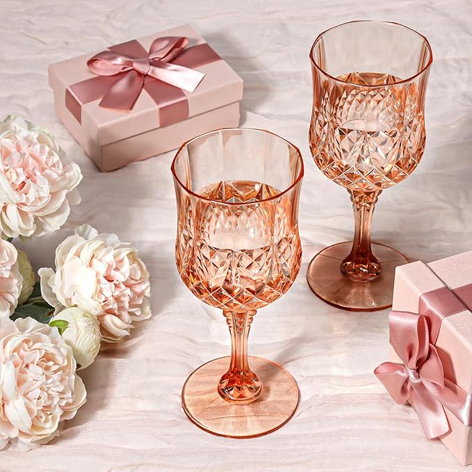 XUWAIDSGN 24 Pcs 7oz Plastic Vintage Wine Glasses Drinking Glasses Unbreakable Wedding Glassware Crystal Water Goblets Reusable Drinkware Vintage Champagne Flutes (24, Pink)