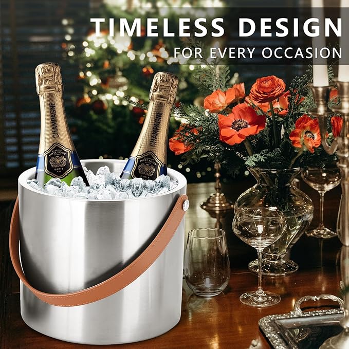 Bakpoco 4L Ice Bucket with Lid, Scoop,Tongs & Strainer, Stainless Steel Double Wall Insulated Ice Buckets for Parties & Cocktail Bar, Large Outdoor Champagne Ice Container, Light Brown Handle