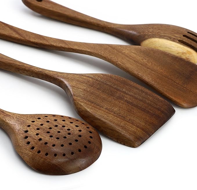 Elama 7 Piece Acacia Wood Kitchen Cooking Utensil Set and Rotating Kitchen Utensil Crock, Cooking Tools, Kitchen Utensils, Countertop Storage (7 Piece Solid)