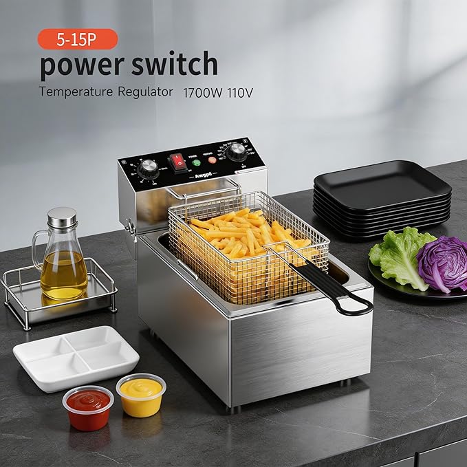 Electric Deep fryer Single Tank Deep Fryer with Basket Capacity 10L Electric Countertop Fryers with 60 Minute Timer for Home Kitchen and Restaurant