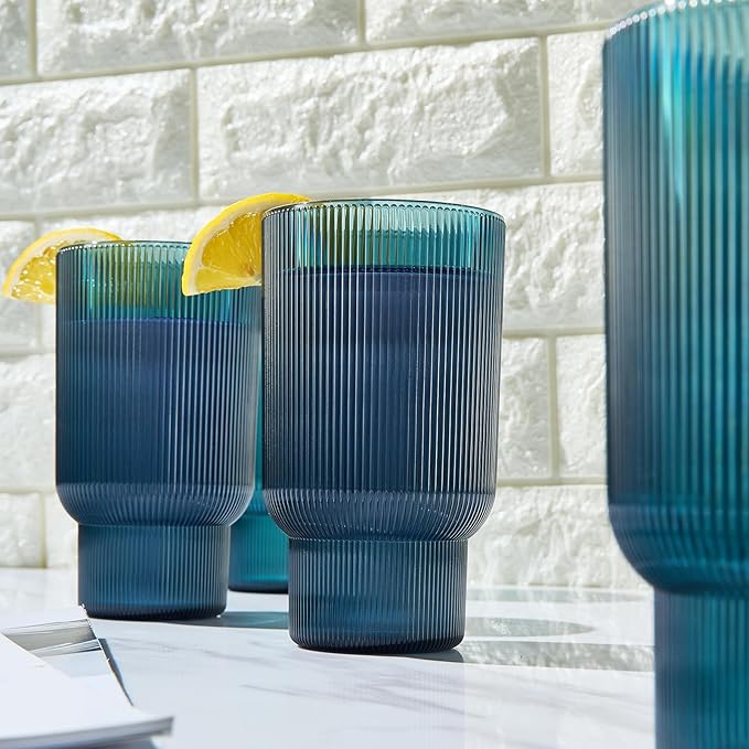 Shatterproof Acrylic Tall Drinking Glasses Set, European Style, Dishwasher Safe, Ribbed | Set of 4 | Fluted Tritan Drinkware, Unbreakable BPA-free Plastic, Reusable Stackable Glassware 14.5oz - Blue