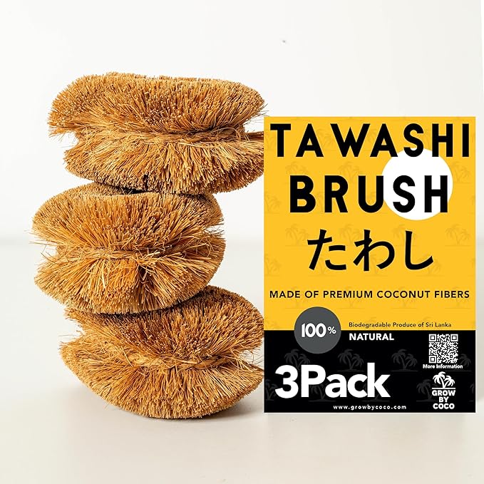 Pack of 3 Tawashi Vegetable Scrub Brush,100% Natural Coconut Coir Fiber VegetableBrush, Ideal for Fruit Scrub, Kitchen Cleaning Needs, Kamenoko Japanese Design