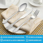 60 Pcs Hammered Silverware Set Service for 12,Stainless Steel Flatware Set,Mirror Polished Cutlery Utensil Set,Durable Home Kitchen Eating Tableware Set,Include Fork Knife Spoon Set,Dishwasher Safe