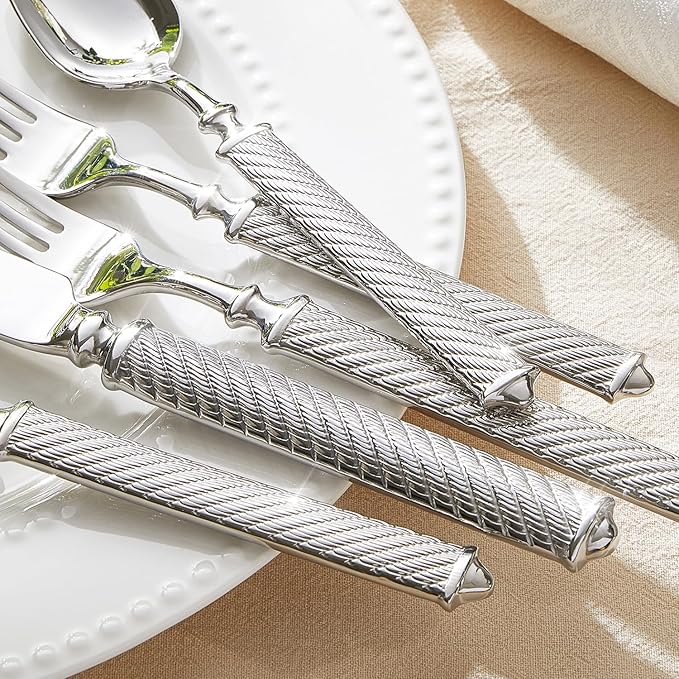 KINGSTONE Retro Rope-Pattern Silverware Set, 40-Piece Flatware Set Cutlery Set Forged with Handcrafted Texture Handles 18/10 Stainless Steel, Dishwasher Safe