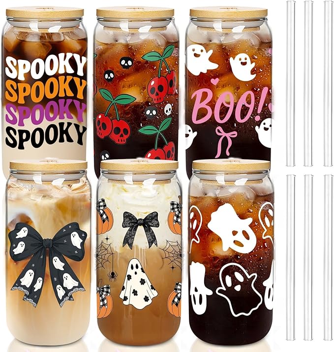 ANOTION Halloween Cups, 18oz Ghost Pumpkin Iced Coffee Mason Jar Mugs, Glass Tumbler with Lids Straws Gift Bags, Boo Basket Stuffers, Halloween Party Home Decorations & Gifts for Women Adults Kids