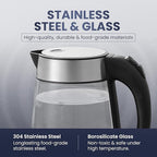 Elite Gourmet EKT-602 Electric BPA-Free Glass Kettle, Cordless 360° Base, Stylish Blue LED Interior, Handy Auto Shut-Off Function – Quickly Boil Water For Tea & More