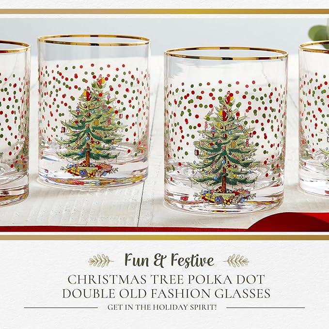 Spode Christmas Tree 14 Fl. Oz. Double Old Fashion Glass (Set of 4), Polka Dot - Whiskey & Bourbon Glasses for Festive Entertaining, Old-Fashioned & Rocks Glasses for Holiday Drinks (Pack of 2)