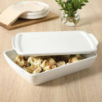 Gibson Home Gracious Dining 2.6-Qt White Stoneware Covered Baking Dish w/Multi-Purpose Lid – 12.7" x 9" Rectangular Oven Safe Casserole, Lasagna & Roasting Baker, Lid Doubles as Serveware or Trivet