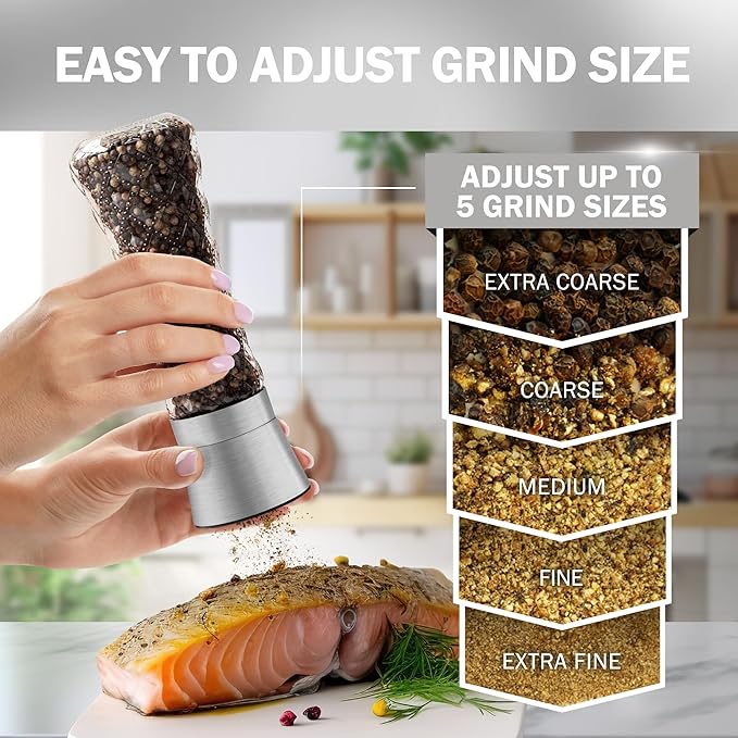 HOME EC Original Stainless Steel Salt or Pepper Grinder 1pk - Adjustable Ceramic Sea Salt Grinder or Pepper Mill - Tall Glass Spice Shaker - Spice Mill (Diamond Facet)