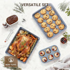 Ammeloo 22-Piece Baking Pans Set Stackable Bakeware Non Stick Baking Set Non Toxic Oven Pans, Including Roasting Pan, Cookie Sheets, Muffin Pans, Cake Pans, Oven Mitts and Utensils(Gray & Navy Blue)