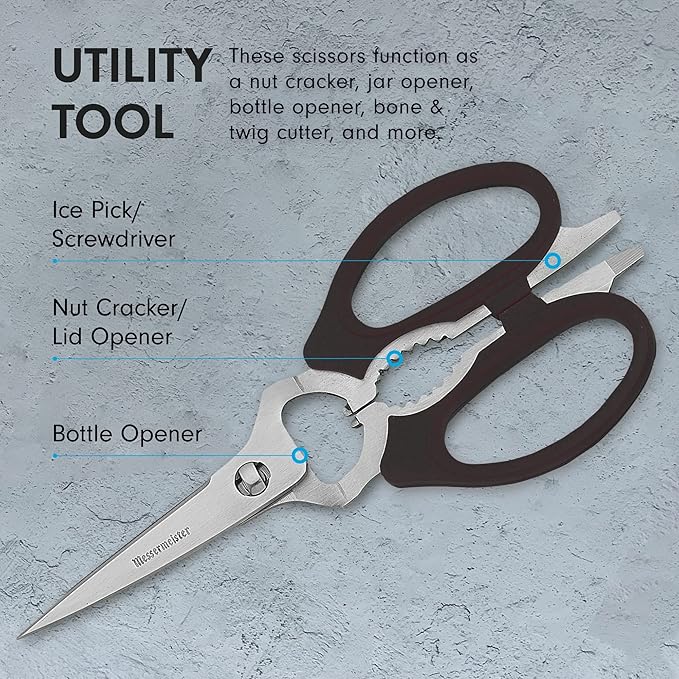 Messermeister 8-Inch Take-Apart Kitchen Scissors, Black - Includes Screwdriver, Nut Cracker, Jar Lid Opener/Gripper, Bottle Opener & Bone + Twig Cutter - Suitable for Lefties & Righties