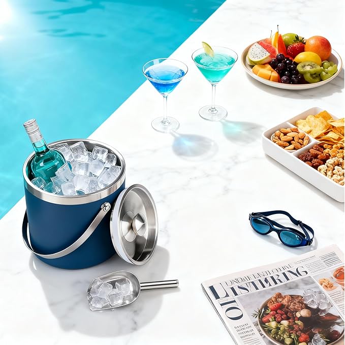 3L Double-Wall Insulated Stainless Steel Ice Bucket with scoop for Cocktail Bar - Metal Ice Bucket for freezer with Lid for parties,Camping,and More!champagne bucket,bar cart accessories