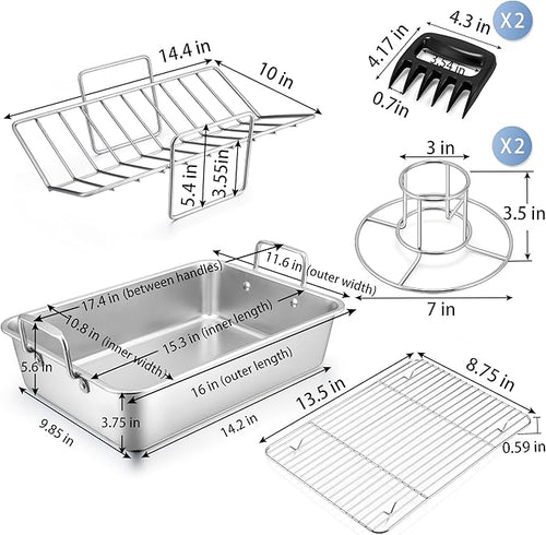 16" Roasting Pan with Rack, 7 PCS P&P CHEF Stainless Steel Turkey Roaster Lasagna Pan with Cooling Flat & V-shaped Baking Rack, Grilling Chicken Holder, Meat Shredding Claws, Dishwasher & Oven Safe