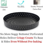 Why Holes: For The Crispiest Crusts. King Crispy's Tart & Quiche Pan. A Non-Stick, Removable Bottom, Dishwasher Safe, Perforated Fruit Tart Baking Tin (9 Inch X 1.25 Inch Shallow)
