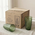 Vintage Green Drinking Glasses Set of 4, 16 oz Handcrafted Glass Tumblers, Heavy Textured Highball Cups, Fern Embossed Antique Colored Glassware, Retro Boho Aesthetic Drinkware, Housewarming Gift Set