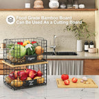 2 Pack Stackable Wire Baskets with Bamboo Top for Pantry Organizers and Storage, XXL Kitchen Organization Counter Basket for Fruit, Vegetable, Produce, Bread, Potato and Onion Storage Bins