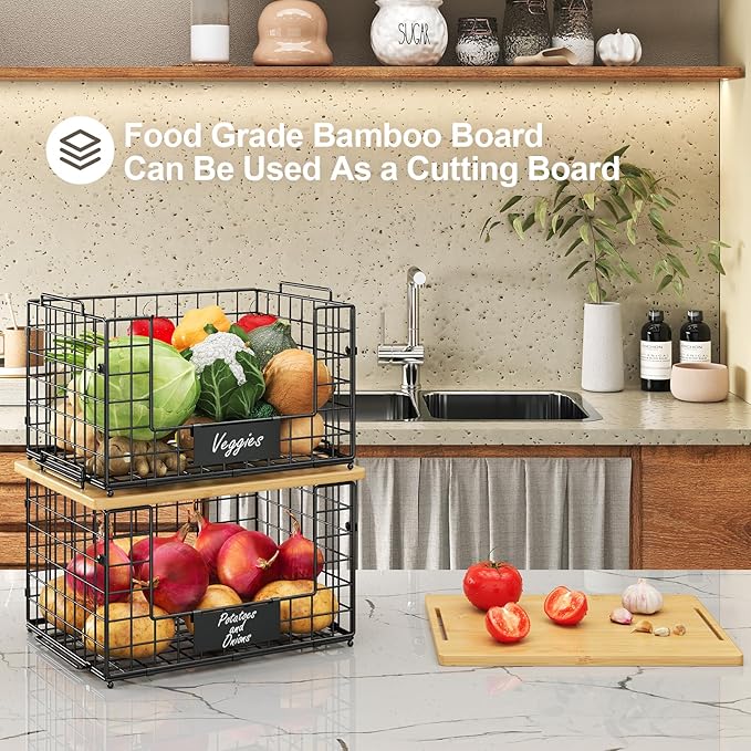 2 Pack Stackable Wire Baskets with Bamboo Top for Pantry Organizers and Storage, XXL Kitchen Organization Counter Basket for Fruit, Vegetable, Produce, Bread, Potato and Onion Storage Bins