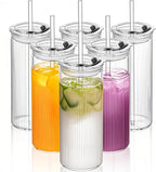 KEMORELA 6-Pack 18oz Ribbed Glass Cups with Lids & Straws – Round Textured Drinking Glasses for Iced Coffee, Bubble Tea, Juice & Smoothies – Reusable Clear Tumblers with Leakproof Lids & Straws