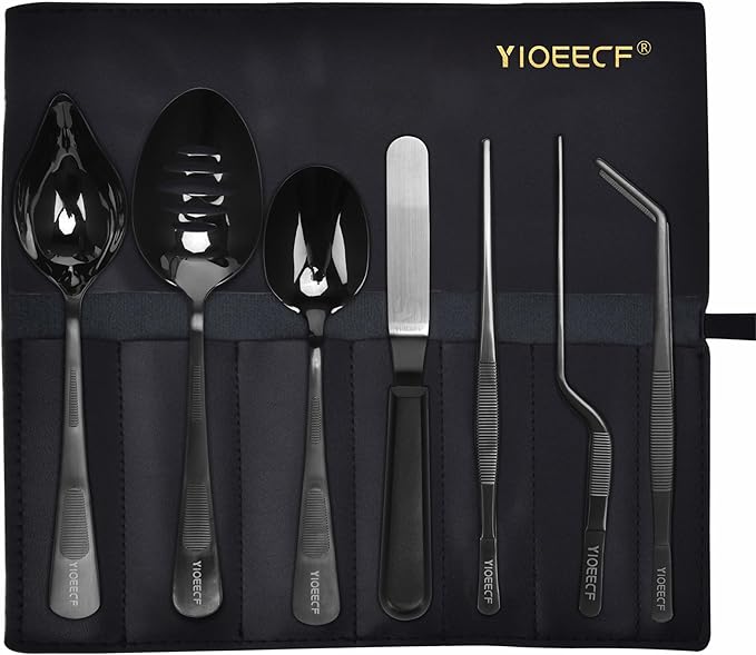 Chef Plating Tools Culinary Set, Plating Tools Tweezers Scoop Set, Professional Chef Stainless Steel Plating Set, 7-Piece Black,Leather Bag