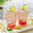 Kate Aspen Vintage Textured Rose Gold Striped Drinking Glasses Set of 6, (13 oz) Ribbed Glassware Set | Cocktail Set, Ice Tea Glasses, Juice Glass, Water Cups