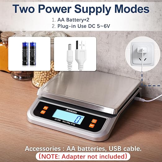 ATOGOU 66lb Food Scale, Commercial Kitchen Scale Plug-in Usable with Full View LCD Display, Stainless Steel, for Baking, Bread, Cooking, Meat, Vegetables, Farm, Industry LC200 Silver