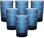 ZMOWIPDL Vintage Glassware Drinking Glasses Set of 6,13 oz Blue Textured Flower Design Glass Water Tumblers，Embossed Striped Drinkware for Water,Cocktails,Juice,Iced Coffee