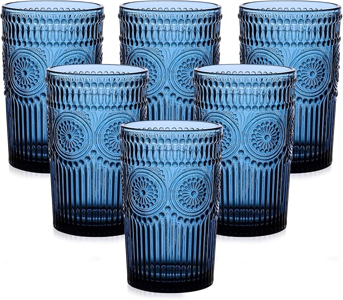 ZMOWIPDL Vintage Glassware Drinking Glasses Set of 6,13 oz Blue Textured Flower Design Glass Water Tumblers，Embossed Striped Drinkware for Water,Cocktails,Juice,Iced Coffee