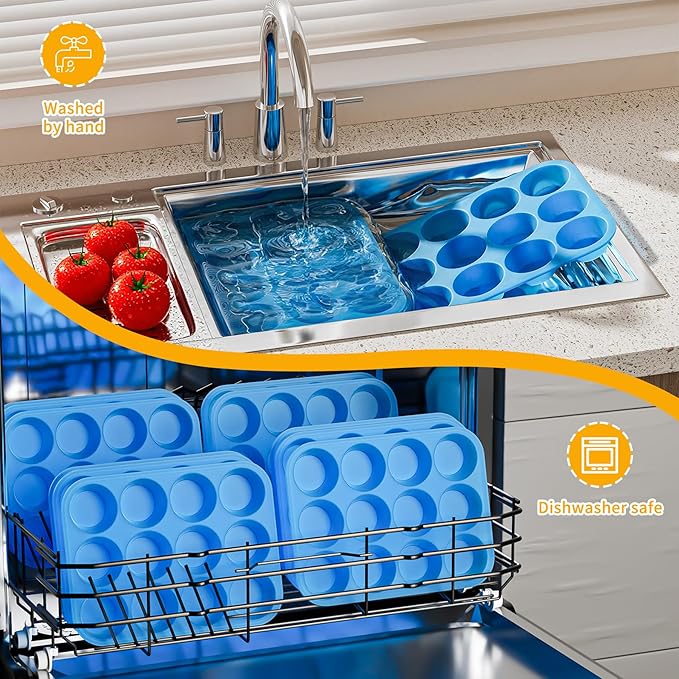 Bangp 2Pack Silicone Muffin Pans for Baking with Metal Reinforced Frame,12 Cup Regular Size Cupcake Pan,Premium Non-Stick Bend Resistance Silicone Muffin Tray for Pudding,Cakes,Tart,Egg Bites(Blue)