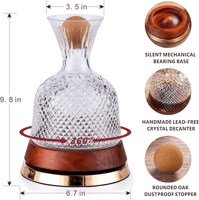 Rotating Wine Decanter with Wooden Base – 360° Spinning Wine Aerator for Fast Oxygenation, Crystal Clear Wine Carafe Decanter for Red Wine, Elegant Wine Decanter Set & Gift Choice