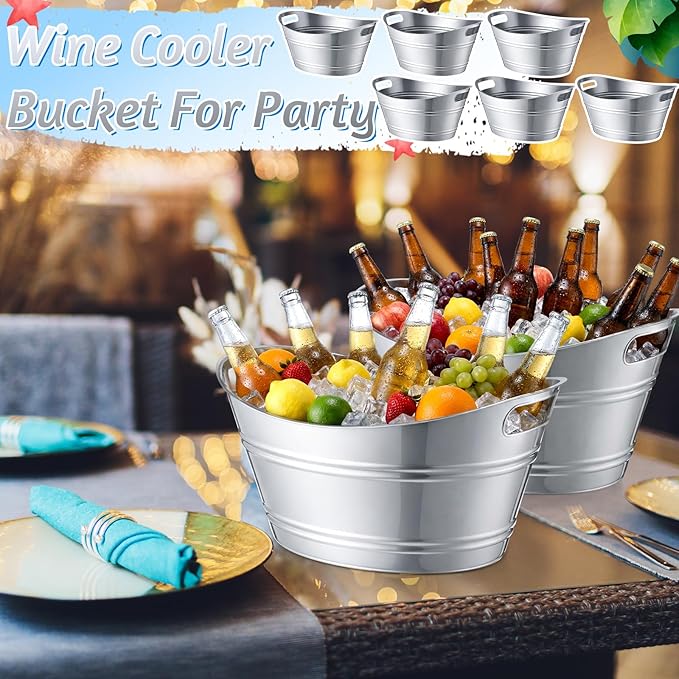 meekoo 6 Pcs Plastic Ice Buckets Bulk with Handles 4.5L Oval Storage Tub Large Capacity Ice Drink Bucket for Easter Summer Party Bar Wine Beer Champagne Beverage Bottle Cooler(4.5 L,Metal)