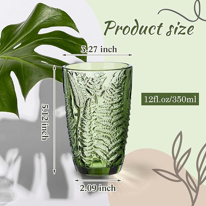 Reallnaive Green Drinking Glasses Set of 8, Boho Aesthetic Vintage Glassware Fern Carving Textured Tumbler Water Cups Embossed Pattern Drinkware Cocktail Glasses Set for Xmas Gifts(12 oz,Highball)