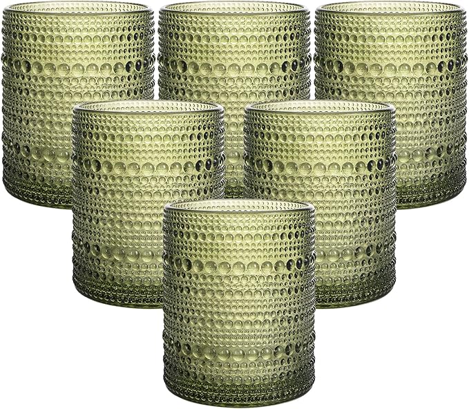 Moretoes Cocktail Glasses 10 oz Hobnail Drinking Glasses Set of 6, Vintage Glassware, Textured Glass Cups Bubble Glasses Water Glasses Old Fashion Jupiter Glasses Set (Green)