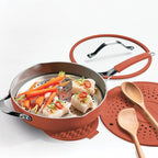 Tramontina Vue All-in-One Plus Pan Set, 5-Quart Ceramic Non Stick Cooking Pan with Glass Lid, Steamer Insert, Beechwood Utensils, Splatter Screen, Pot Holder, Orange