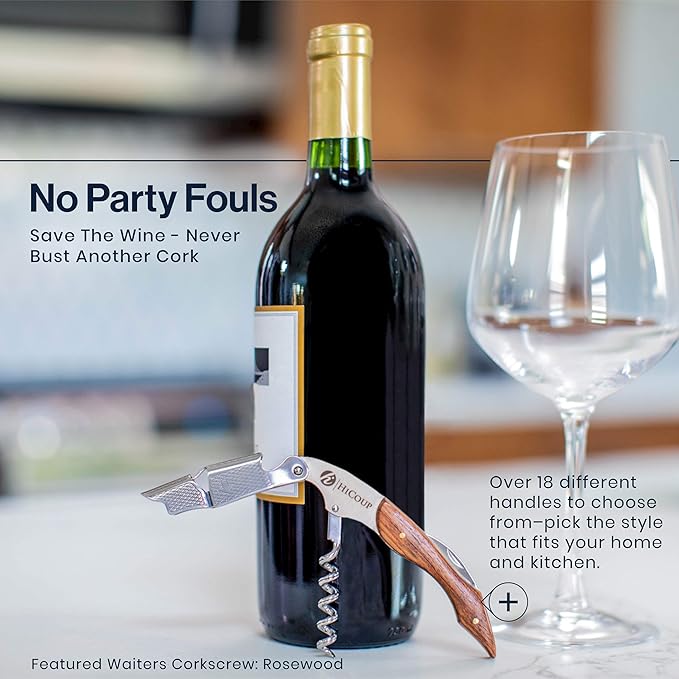 Hicoup Wine Opener - Professional Corkscrews for Wine Bottles w/Foil Cutter and Cap Remover - Manual Wine Key for Servers, Waiters, Bartenders and Home Use - Stainless Steel with Bai Ying Wood Inlay