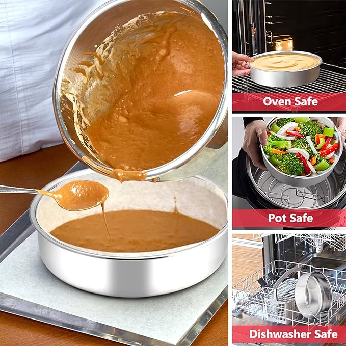P&P CHEF 8 Inch Round Cake Pan Set of 3, Stainless Steel Round Baking Layer Pans Bakeware for Layer Birthday Cake, Fit Oven/Pots/Pressure Cooker, Leakproof & Dishwasher Safe, Silver