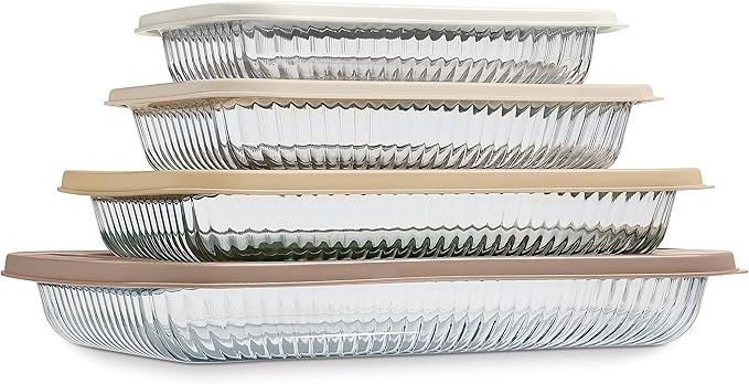 COOK WITH COLOR 8-Piece Deep Glass Baking Dish Set with Plastic Lids – Casserole and Food Storage Containers for Lasagna, Leftovers – Freezer-to-Oven, Microwave & Dishwasher Safe, Brown