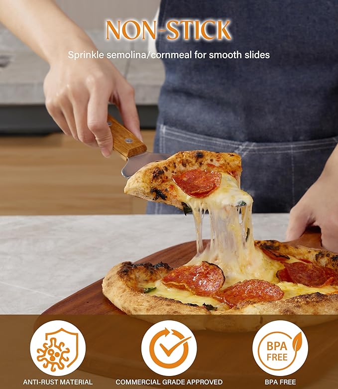 Pizza Peel 12-Inch Aluminum Pizza Paddle & Spatula with Pizza Cutter Rocker, Foldable Wood Handle – Pizza Server for Baking Homemade Bread, Pastry & Dough, for Family Pizza Oven