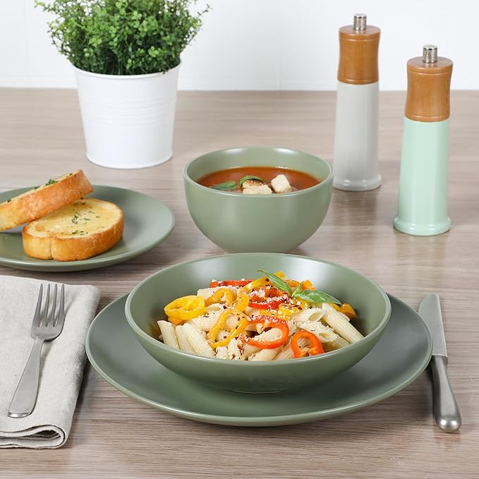 Gibson Home Queenslane 16-Piece Matte Green Stoneware Dinnerware Set – Double Bowl Plates and Bowls, Durable Kitchen Dinner Set