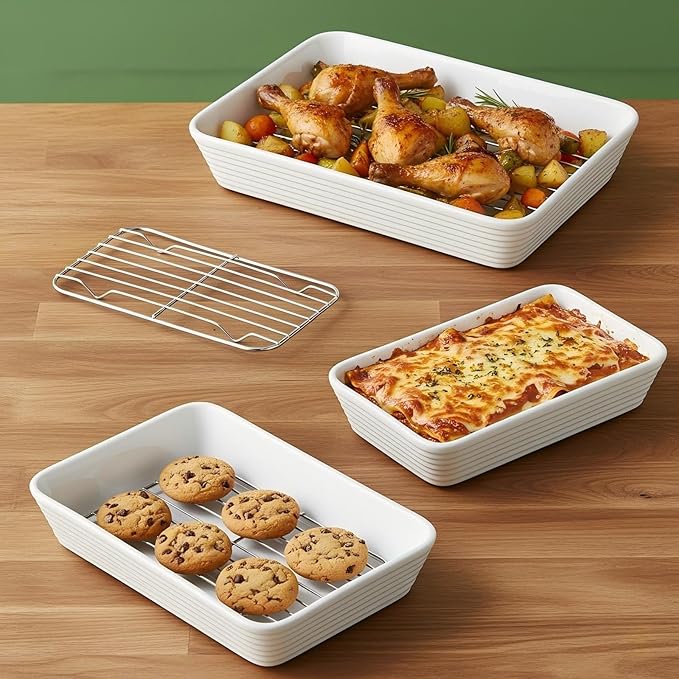 ONEMORE Baking Dishes for Oven, 9x13 Large Casserole Dishes for Oven with Roasting Racks, Rectangular Ceramic Baking Dish Set of 3 for Cooking & Serving, Deep Dish Lasagna Pan (3QT/2.1QT/1.3QT)