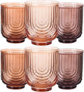 JOVGANK Amber Vintage Drinking Glasses Set of 6-14Oz Brown Glass Drinking Glasses, Art Deco Ripple Highball Glass, Whiskey Cocktail Glasses for Bar Coffee Juice, Housewarming and Mother's Day Gift