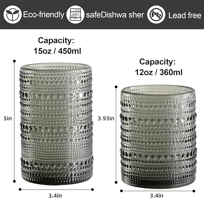 ZMOWIPDL Vintage Hobnail Drinking Glasses Set of 8,Grey 12 oz & 15oz Highball Glass Cups, Kitchen Drinkware Glassware,Embossed Water Tumbler,for Beer,Cocktail,Whiskey,Juice and Various Mixed Drinks
