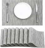 Leetaltree Silver Placemats Set of 8 - Heat Resistant Non-Slip Place mats for Dining Table, Washable Durable PVC Vinyl Woven Table Mats（Silver, 8）
