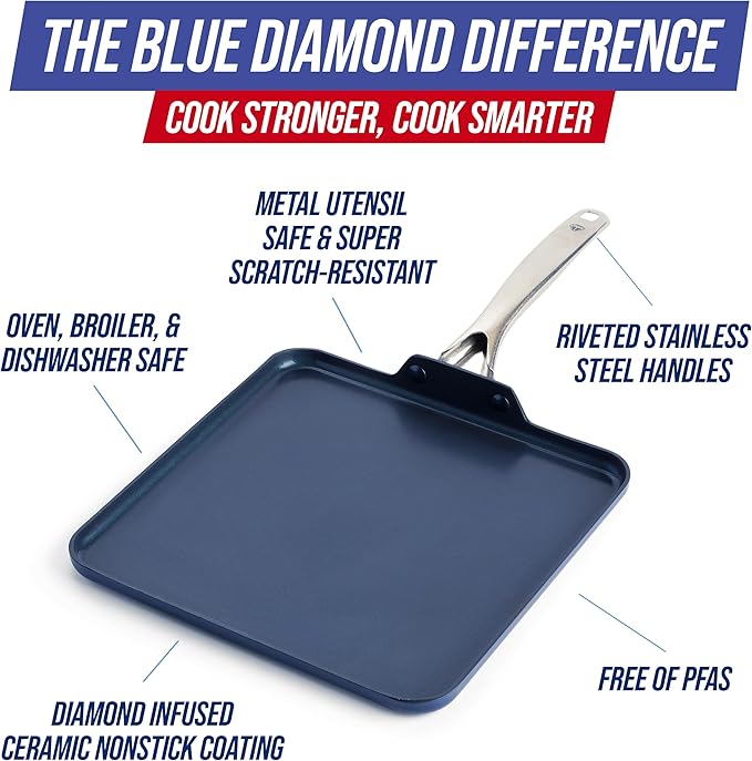 Blue Diamond 11" Nonstick Square Griddle Pan, Non Toxic PFAS-Free Diamond Ceramic, Dishwasher & Oven Safe, Even Heating, Metal Utensil Safe, Warp Control, Blue