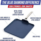 Blue Diamond 11" Nonstick Square Griddle Pan, Non Toxic PFAS-Free Diamond Ceramic, Dishwasher & Oven Safe, Even Heating, Metal Utensil Safe, Warp Control, Blue