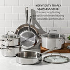 T-Fal Pro Tri-Ply Stainless Steel Large Dutch Oven Pot with Lid, 6 Quart Induction Pot, Oven Safe 500F, Lid 350F, Fast & Even Heat, Professional Quality & Durability, Silver